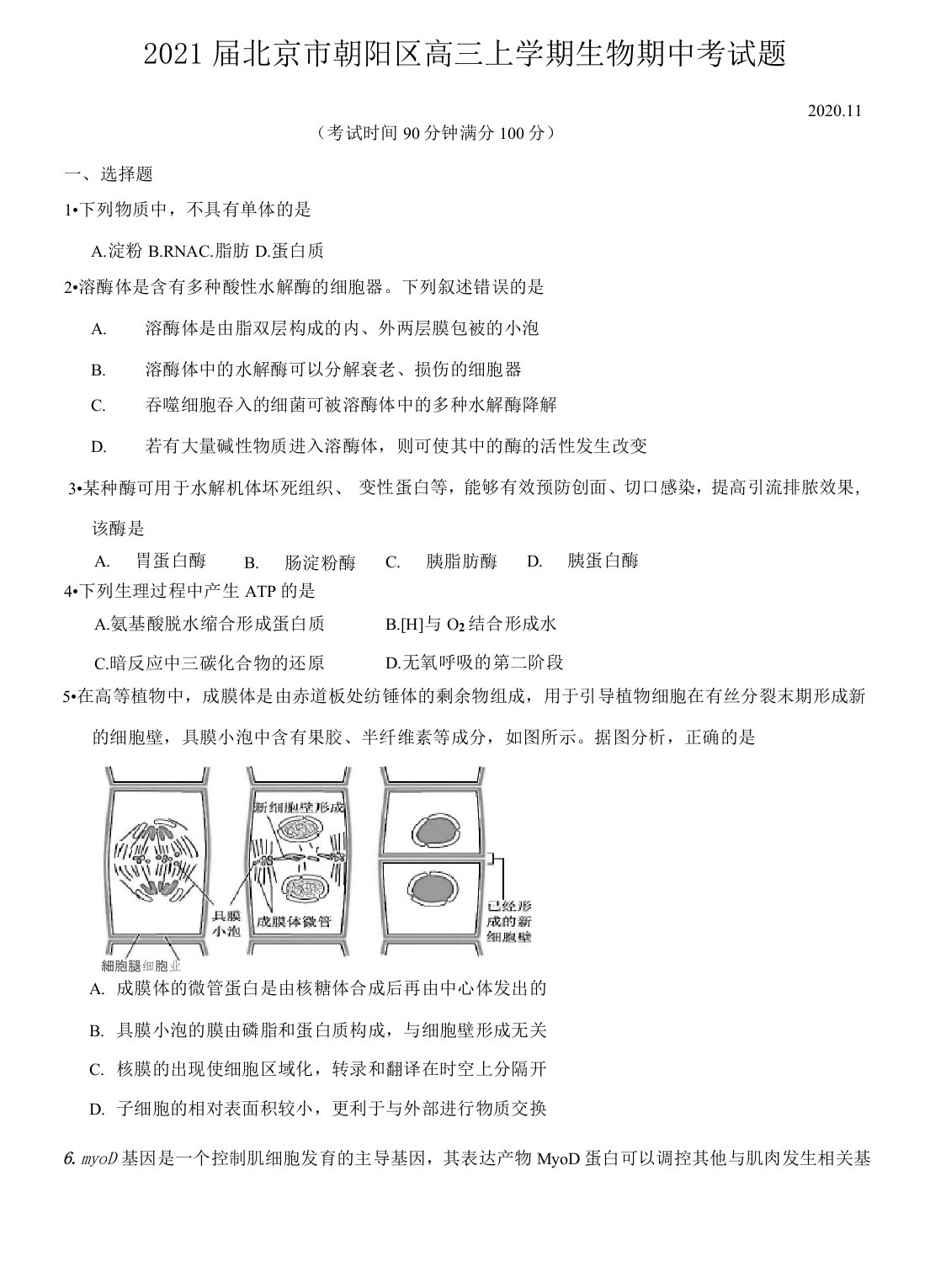 2021届北京市朝阳区高三上学期生物期中考试题