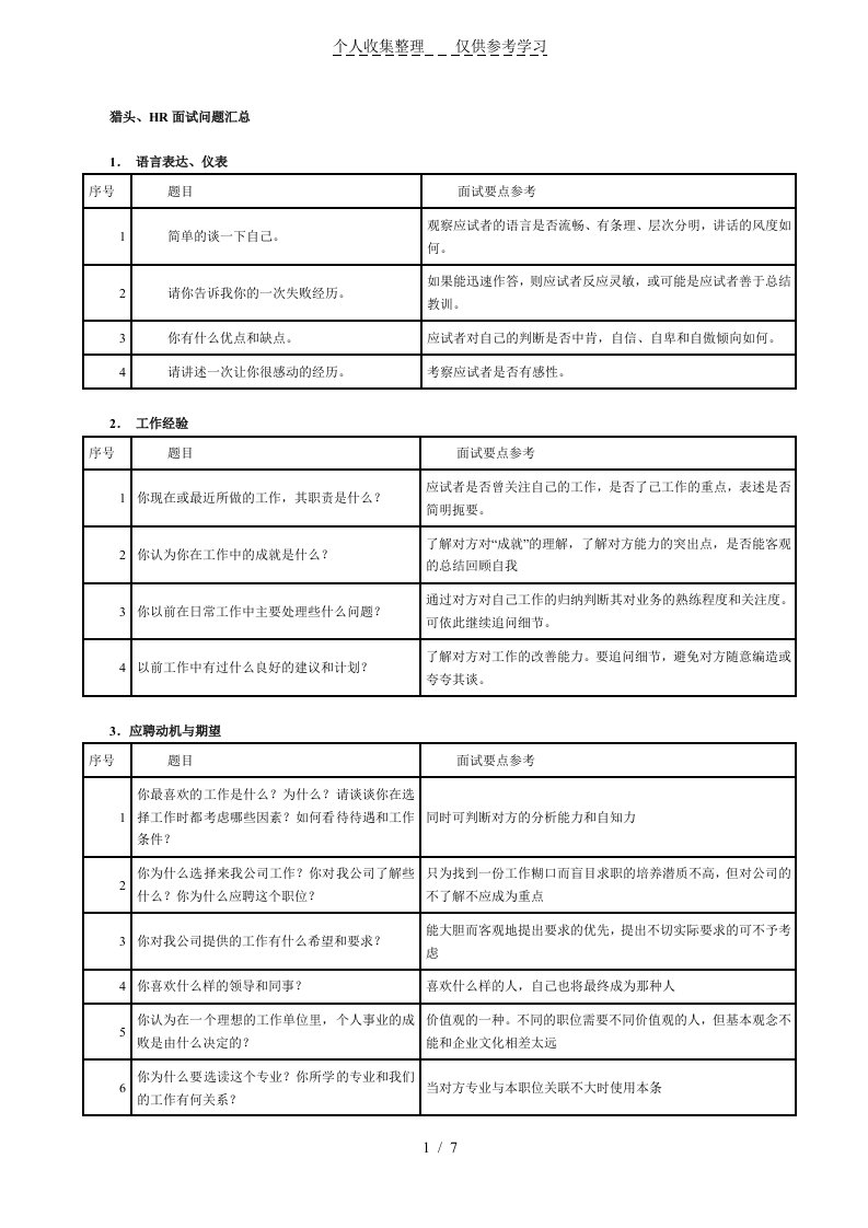 HR面试问题汇总(表格)（明细）