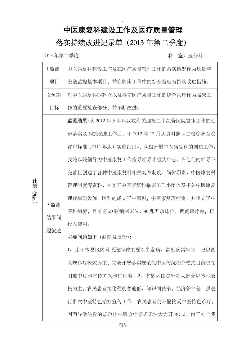 中医康复科管理与改进记录表