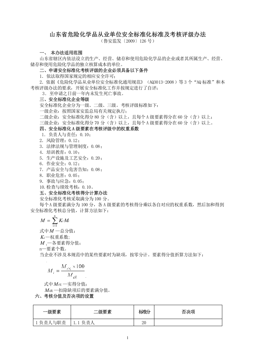 山东省危险化学品从业单位安全标准化标准及考核评级办