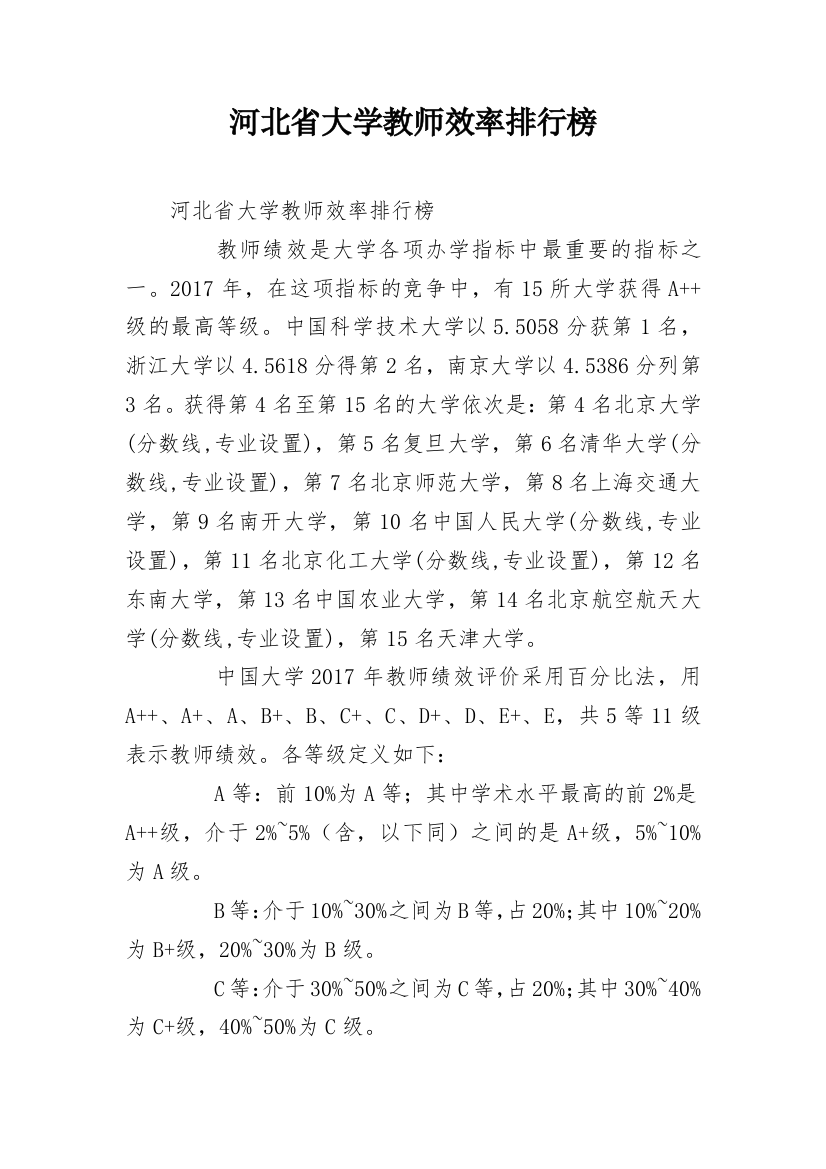 河北省大学教师效率排行榜