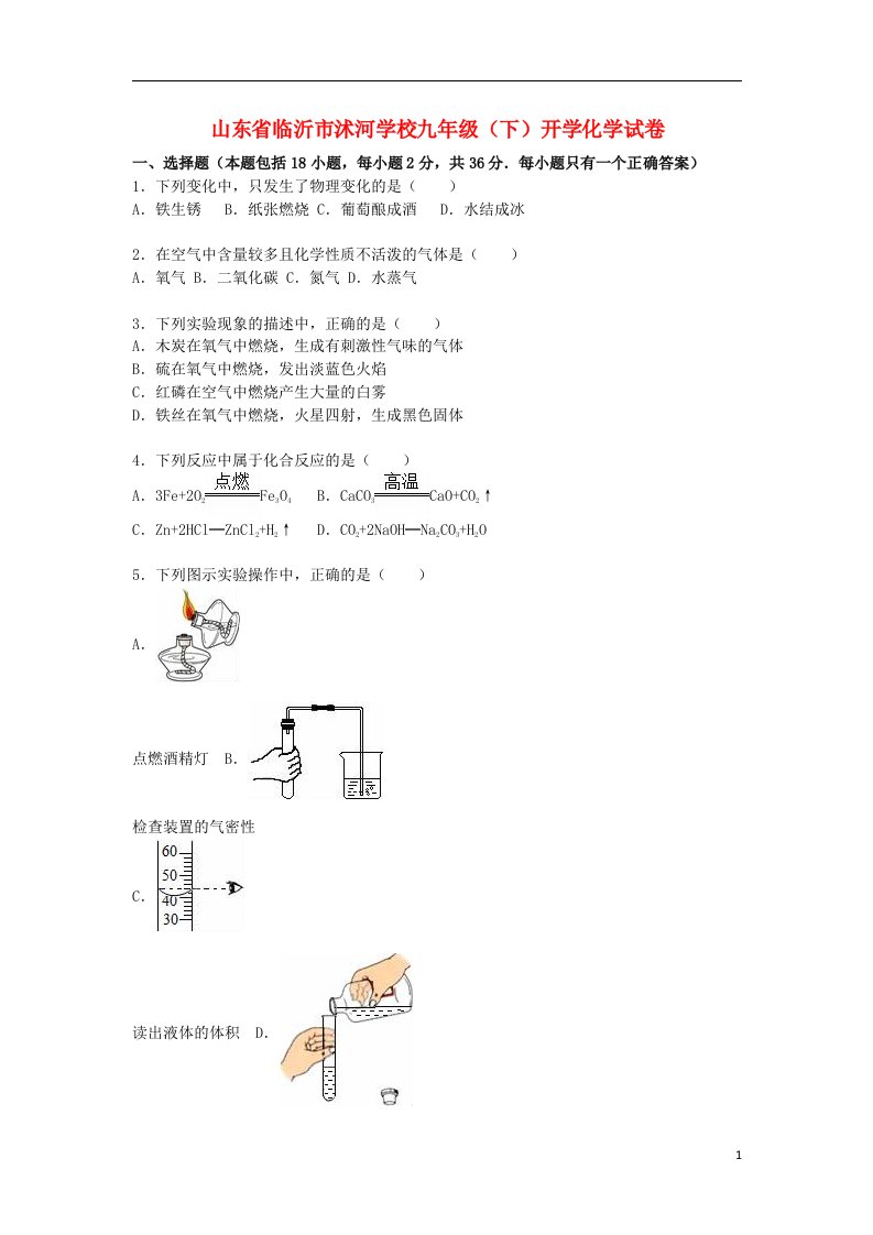 山东省临沂市沭河学校九级化学下学期开学试题（含解析）