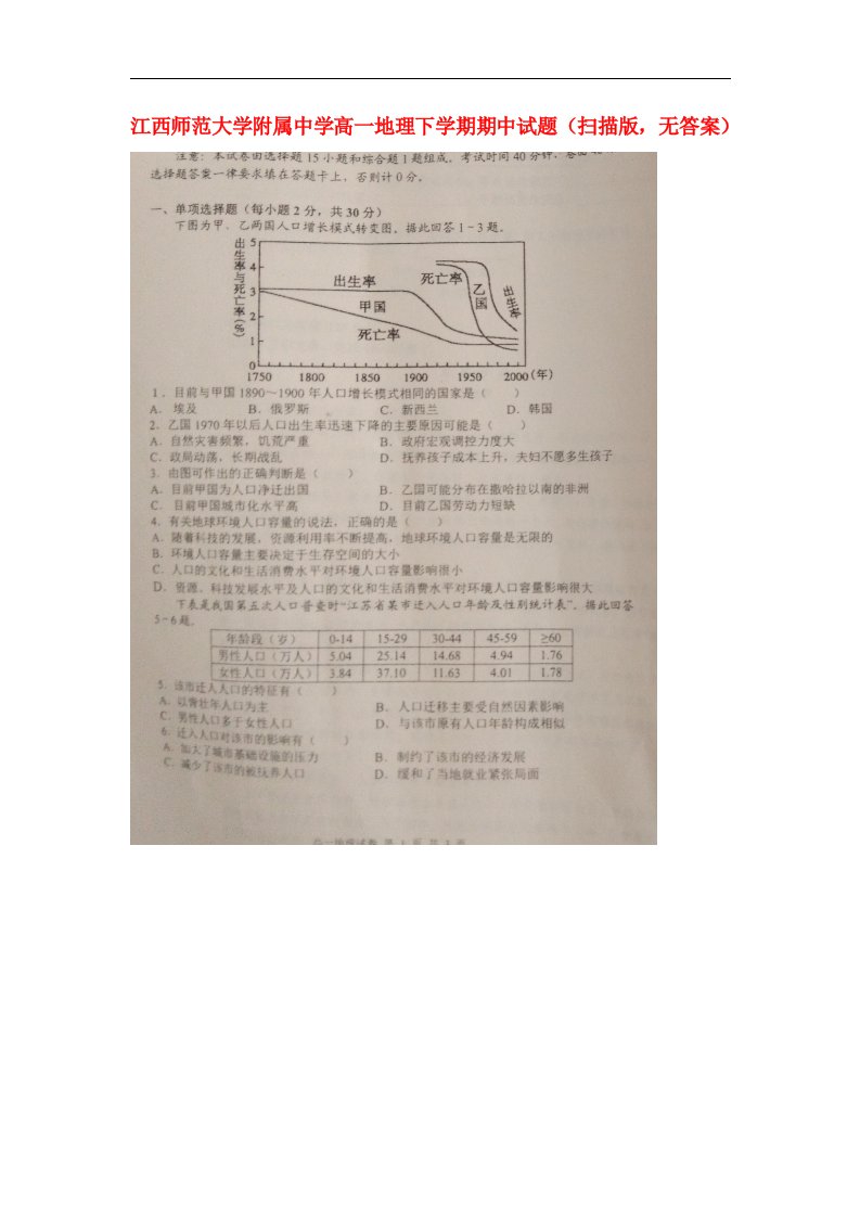 江西师范大学附属中学高一地理下学期期中试题（扫描版，无答案）