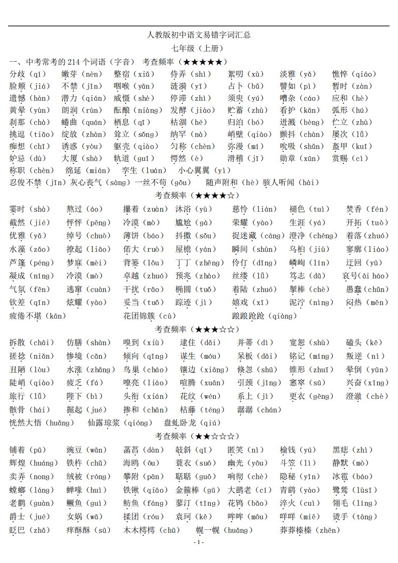 人教版初中语文易错字词汇总(有拼音)