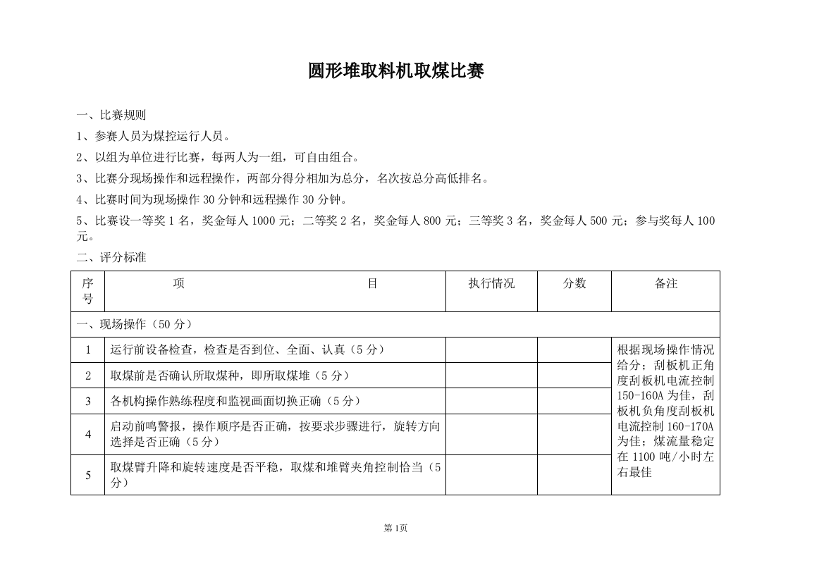 圆形堆取料机取煤技能比赛方案