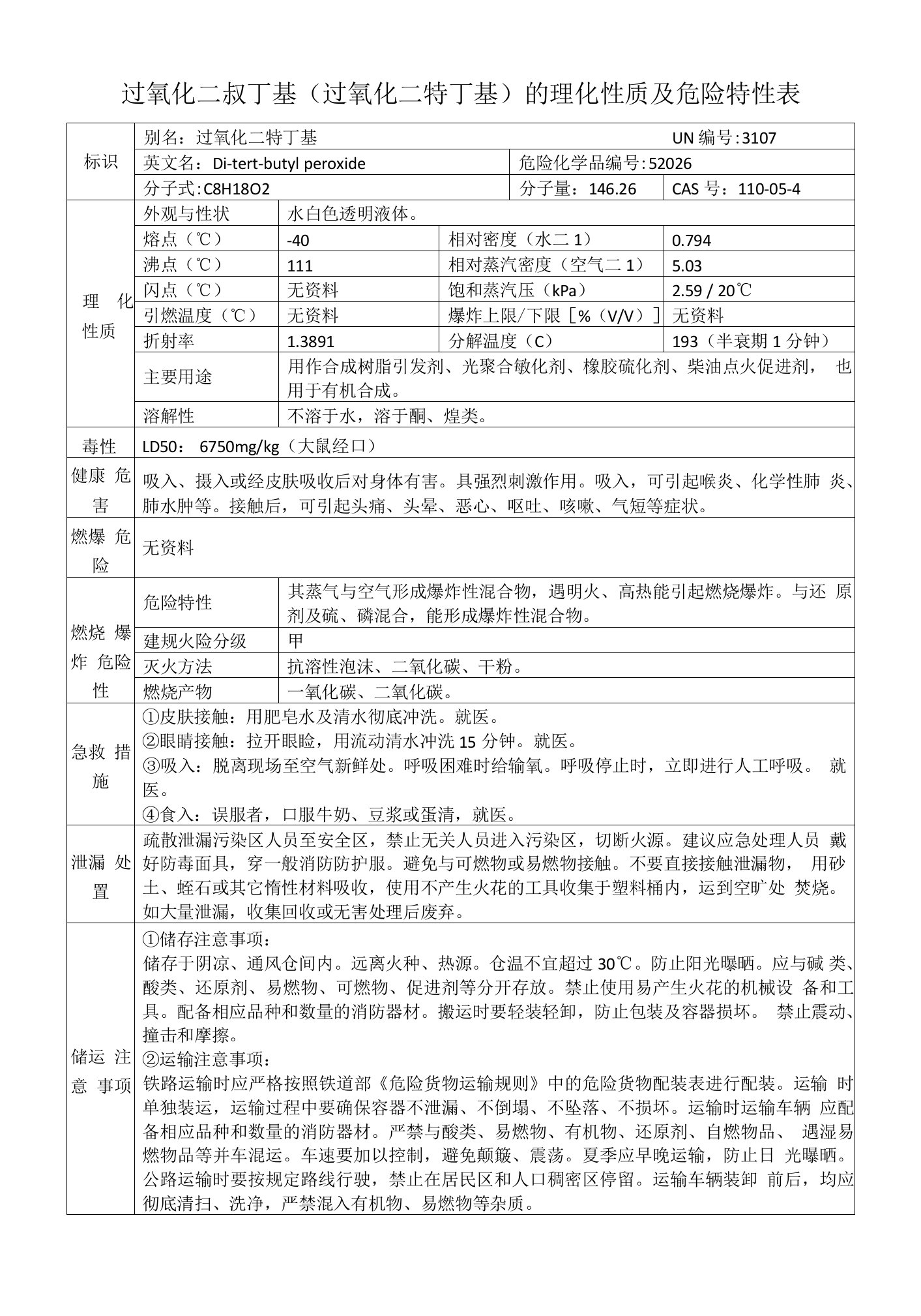 过氧化二叔丁基（过氧化二特丁基）的理化性质及危险特性表