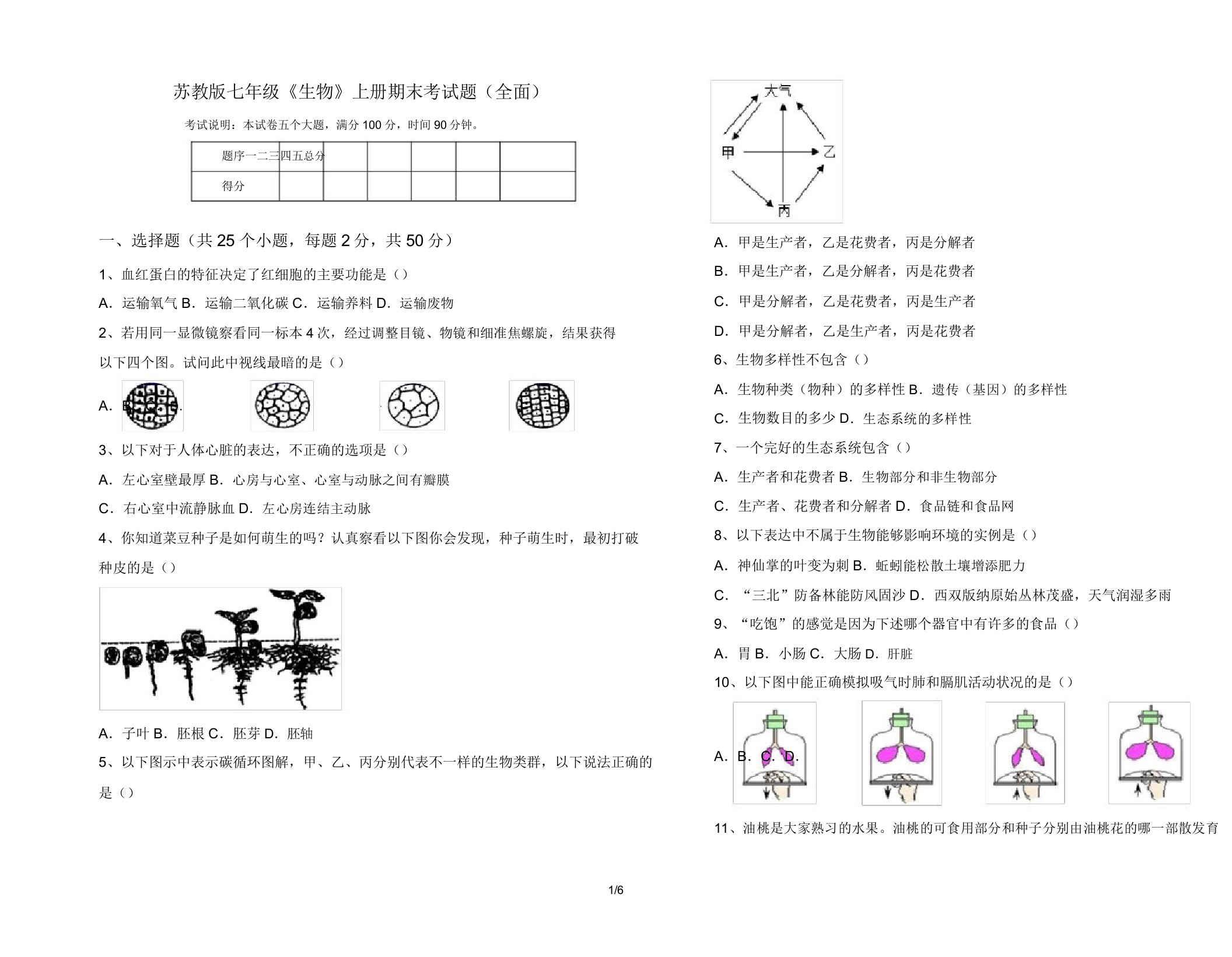 苏教版七年级《生物》上册期末考试题(全面)