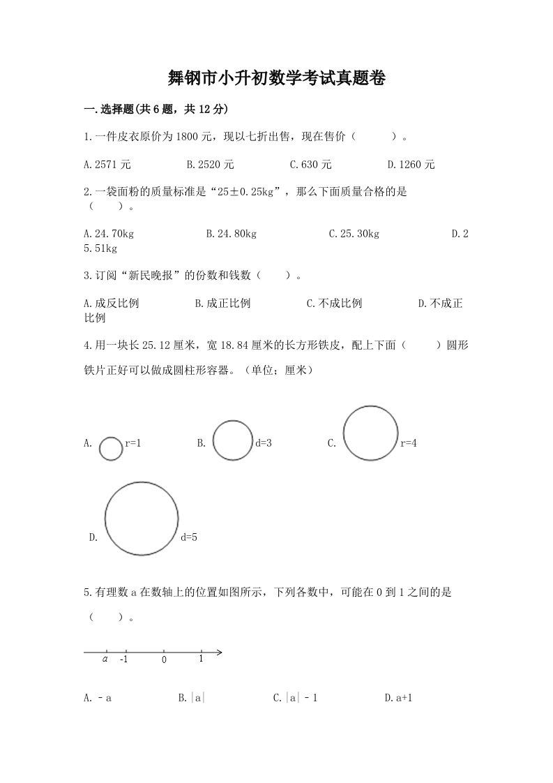 舞钢市小升初数学考试真题卷附答案