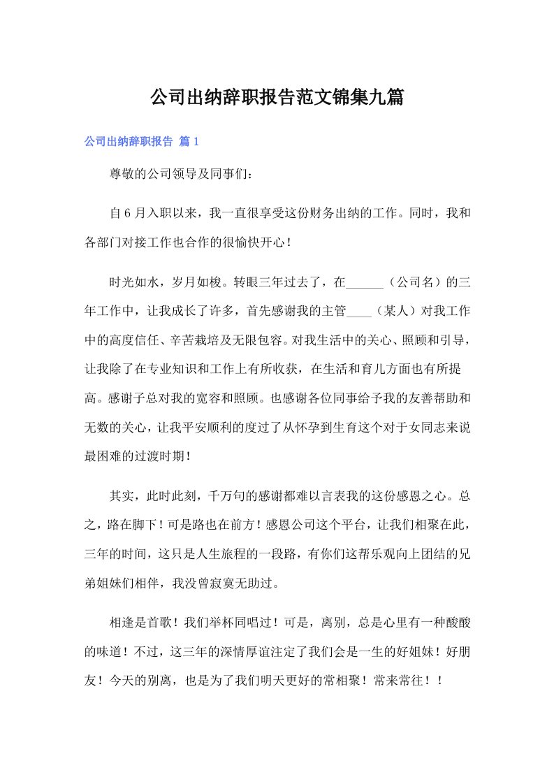 公司出纳辞职报告范文锦集九篇