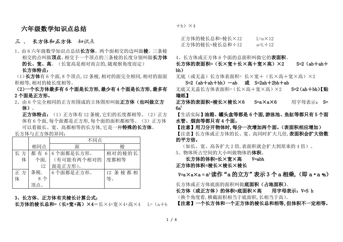 六年级数学知识点总结精编