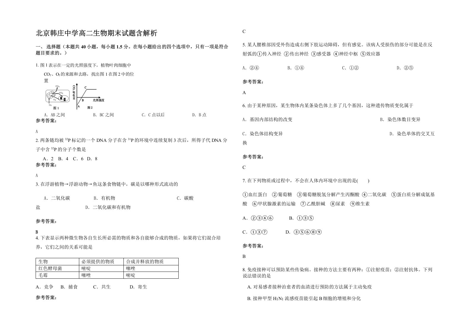 北京韩庄中学高二生物期末试题含解析