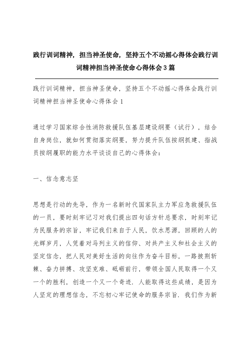 践行训词精神，担当神圣使命，坚持五个不动摇心得体会践行训词精神担当神圣使命心得体会3篇