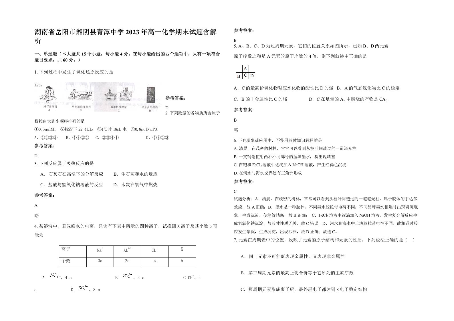 湖南省岳阳市湘阴县青潭中学2023年高一化学期末试题含解析