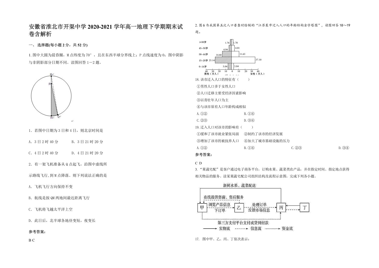 安徽省淮北市开渠中学2020-2021学年高一地理下学期期末试卷含解析