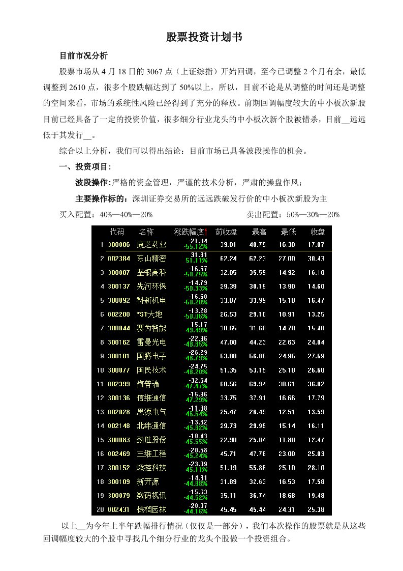 《股票投资计划书》word版