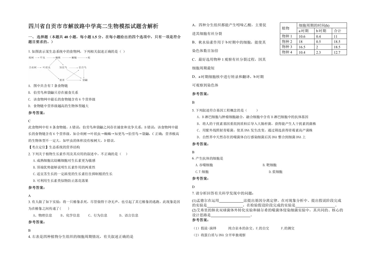 四川省自贡市市解放路中学高二生物模拟试题含解析