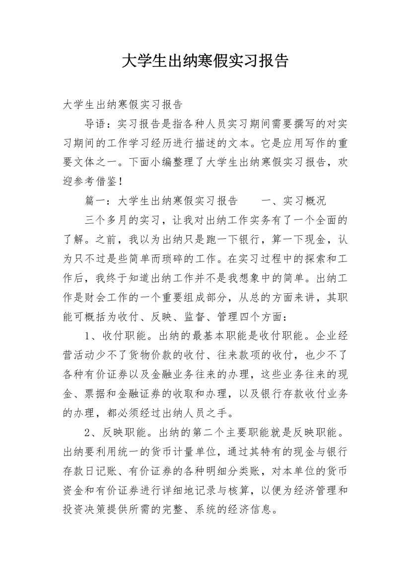 大学生出纳寒假实习报告