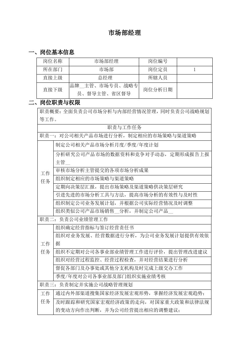 市场部经理的职责及任职要求