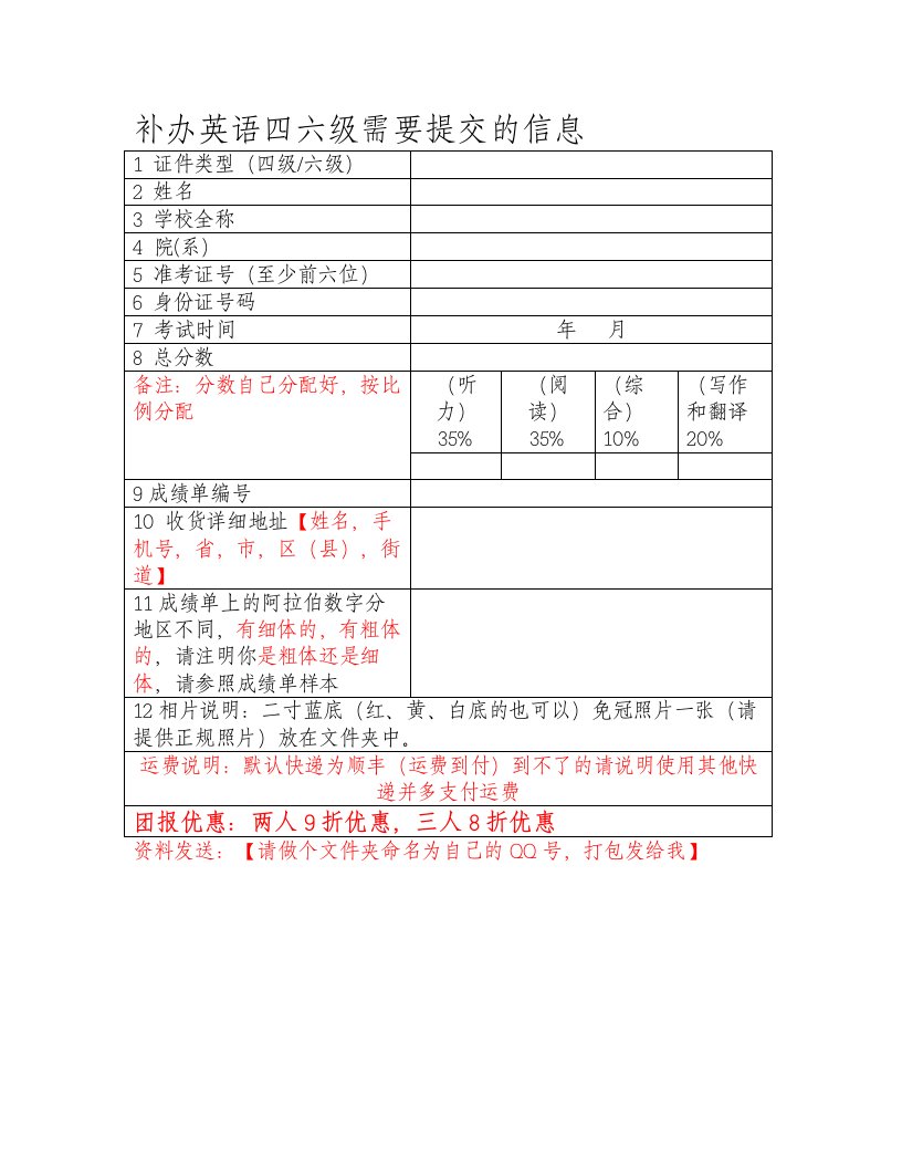 四六级成绩单所需资料