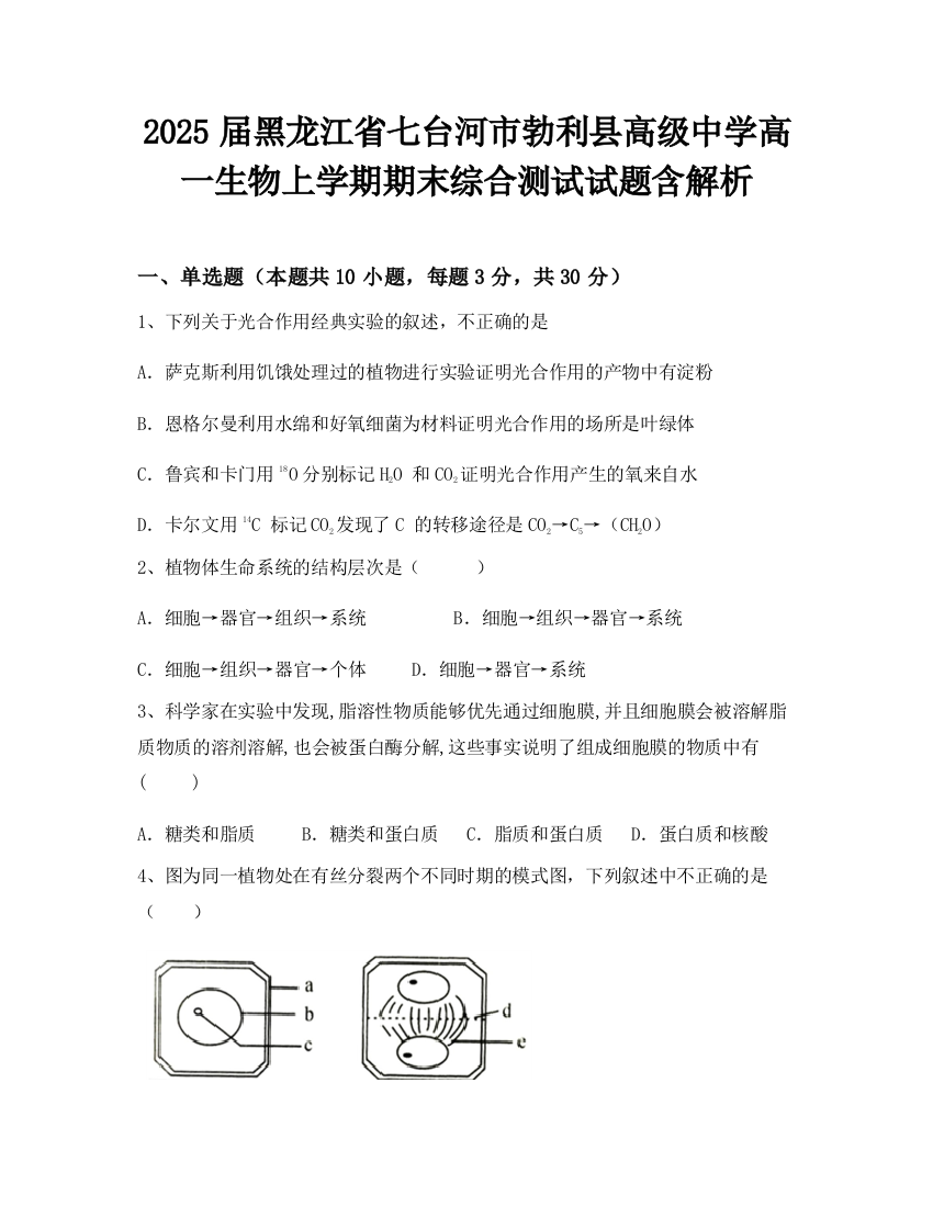 2025届黑龙江省七台河市勃利县高级中学高一生物上学期期末综合测试试题含解析