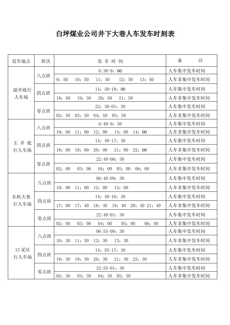 白坪煤业公司井下大巷人车发车时刻表