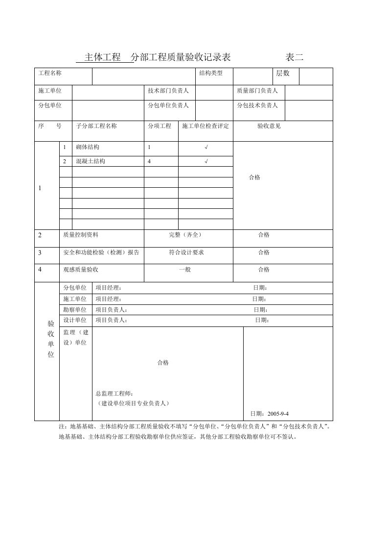 主体工程验收记录表B