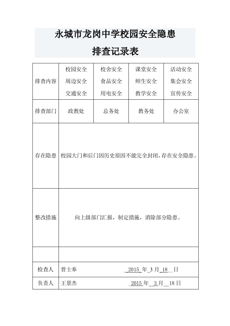 校园安全隐患排查记录表