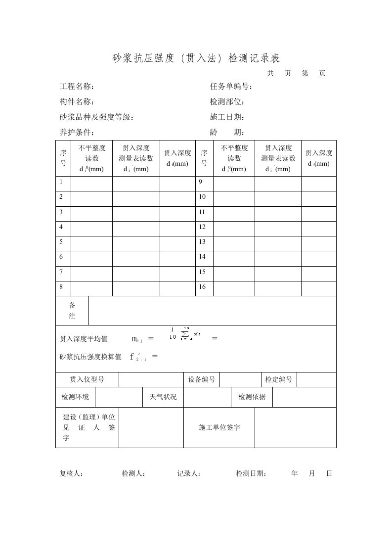 砂浆抗压强度贯入检测记录表