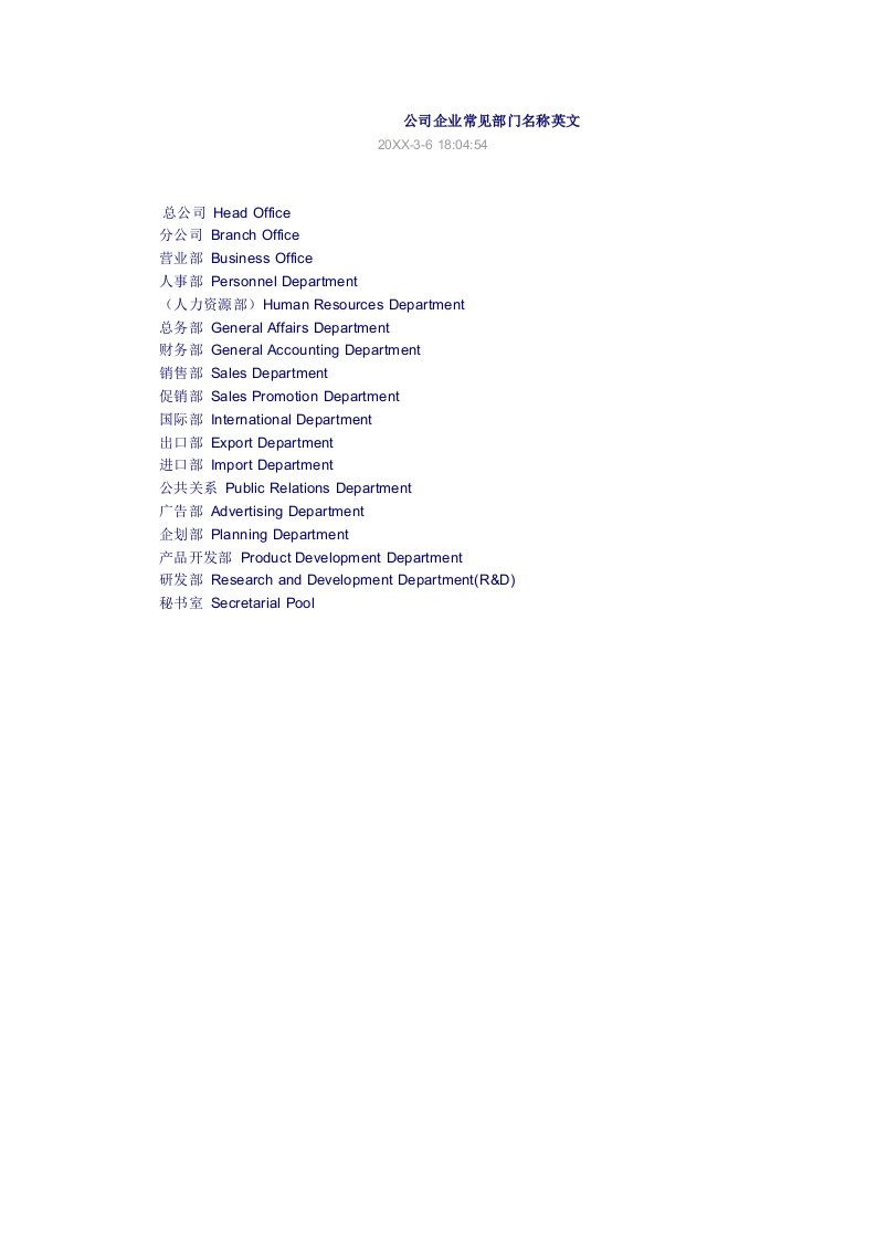 酒类资料-公司企业常见部门名称英文