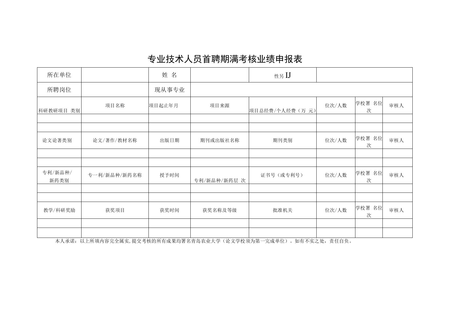 专业技术人员首聘期满考核业绩申报表