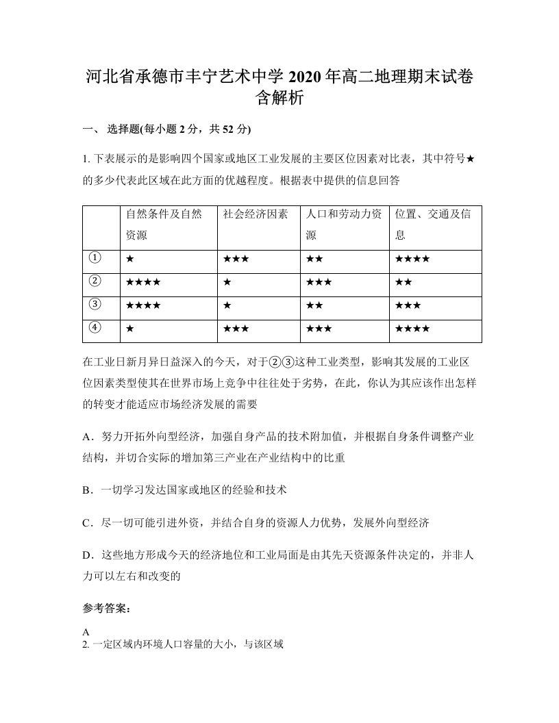 河北省承德市丰宁艺术中学2020年高二地理期末试卷含解析