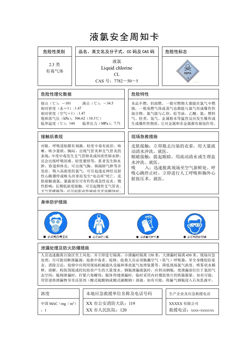 危险化学品安全周知卡(液氯等)