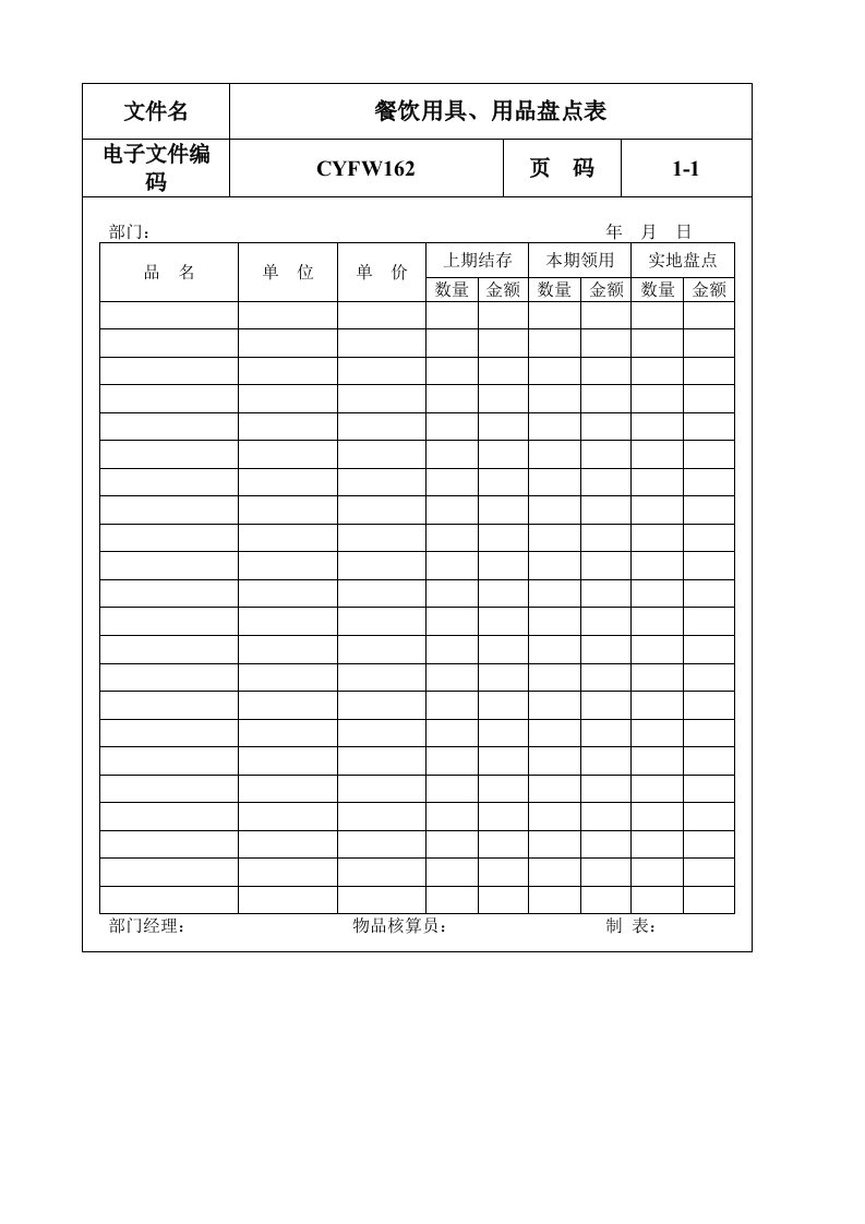 餐饮用具用品盘点表