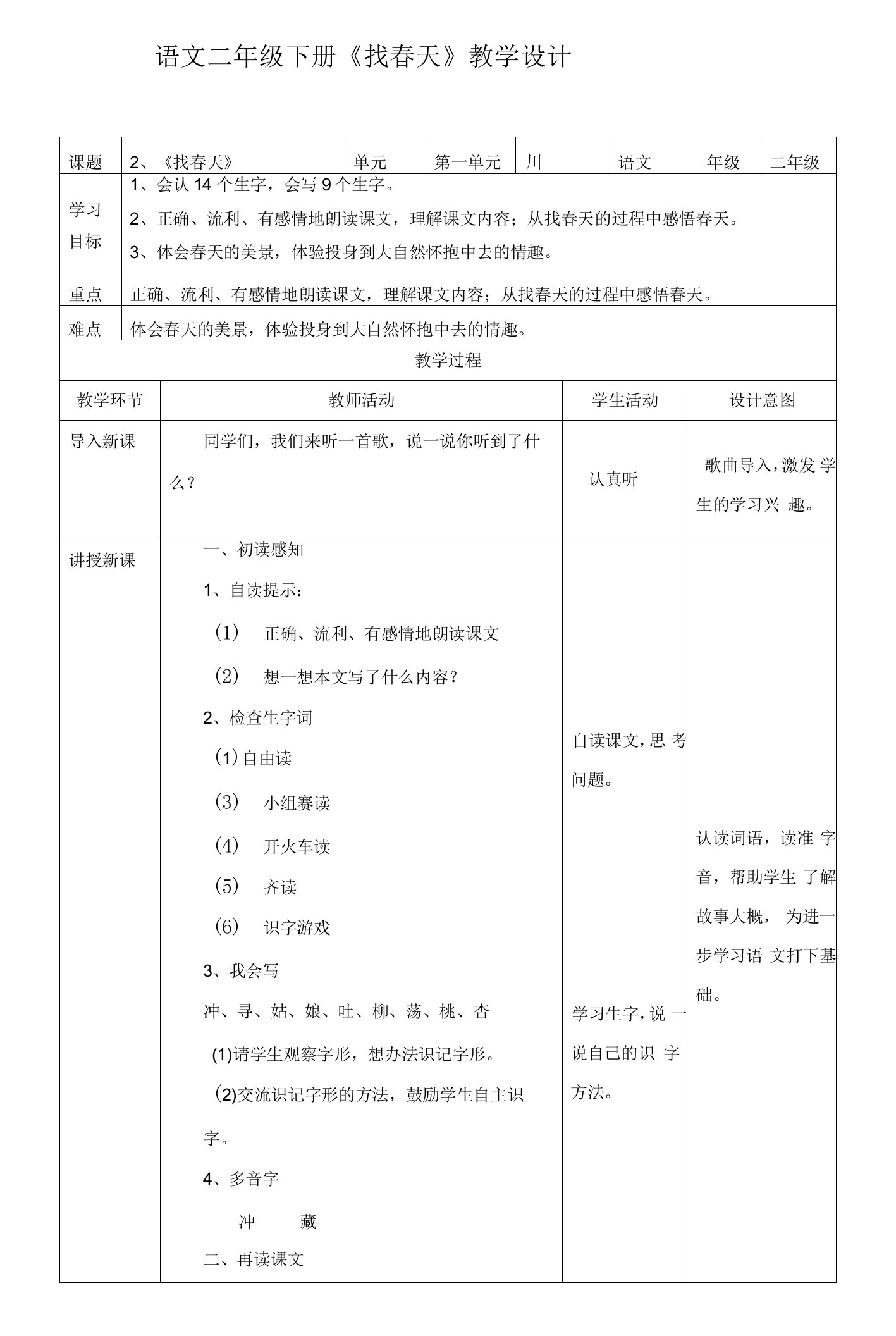 小学语文人教二年级下册第一组-2、《找春天》教案