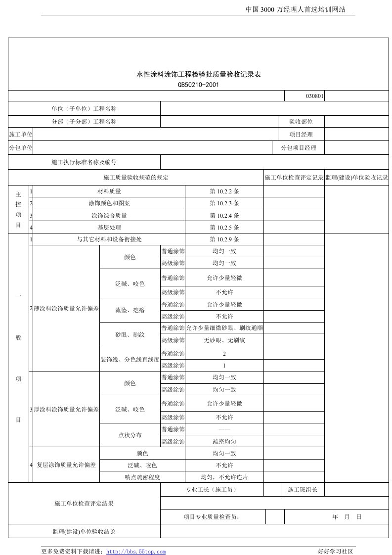 【管理精品】建筑行业水性涂料涂饰工程检验批质量验收记录表