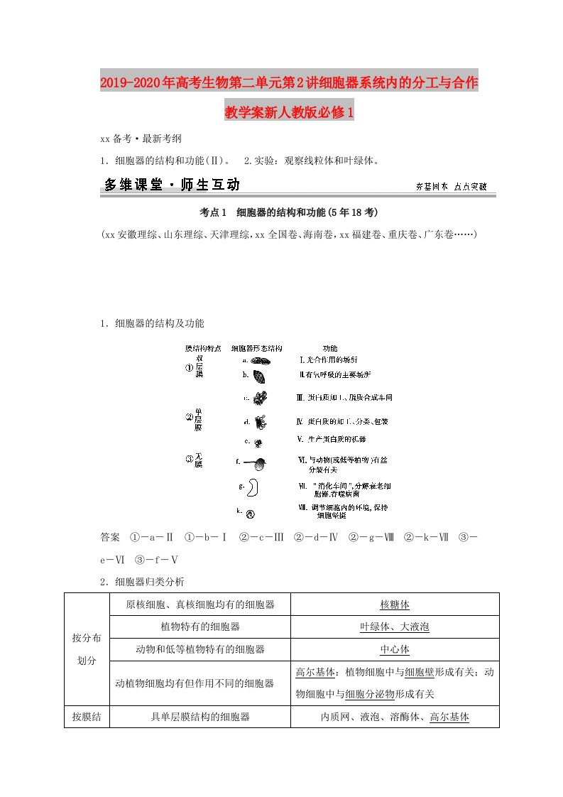 2019-2020年高考生物第二单元第2讲细胞器系统内的分工与合作教学案新人教版必修1