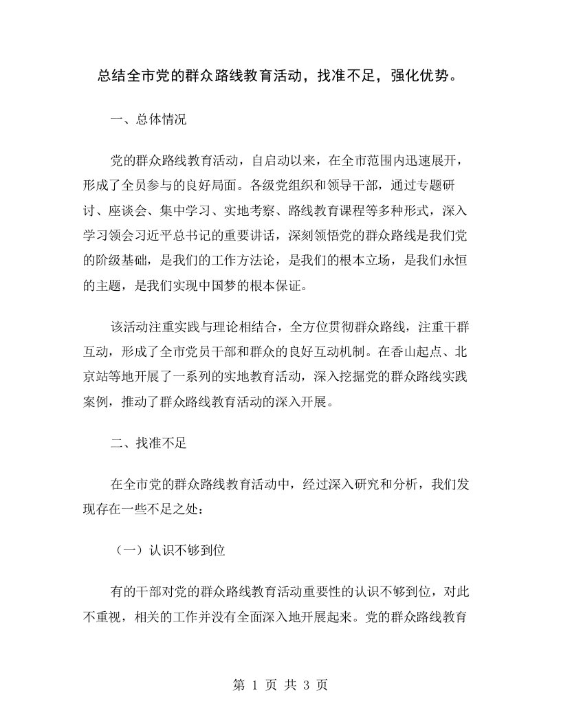 总结全市党的群众路线教育活动，找准不足，强化优势