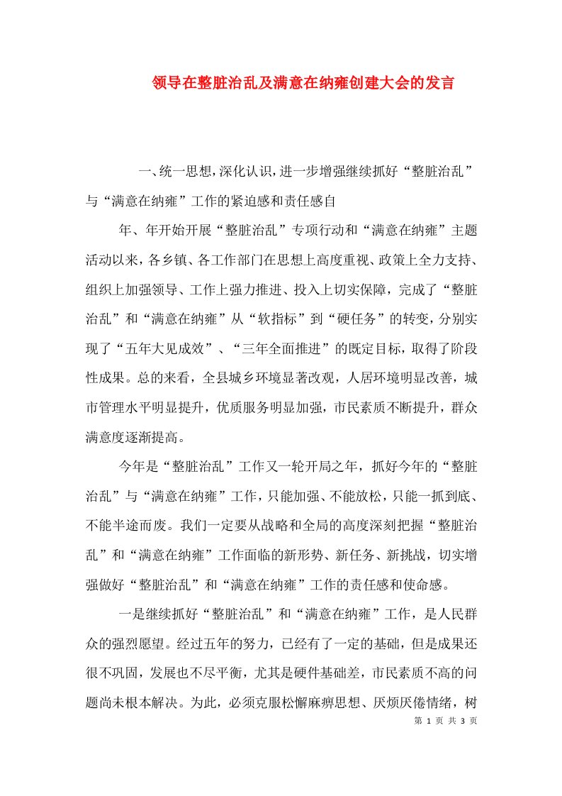 领导在整脏治乱及满意在纳雍创建大会的发言（二）