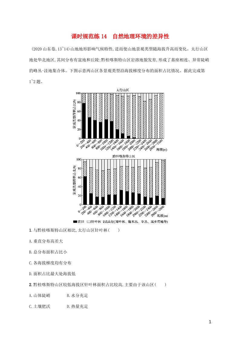 福建专用2022年高考地理一轮复习课时规范练14自然地理环境的差异性含解析新人教版