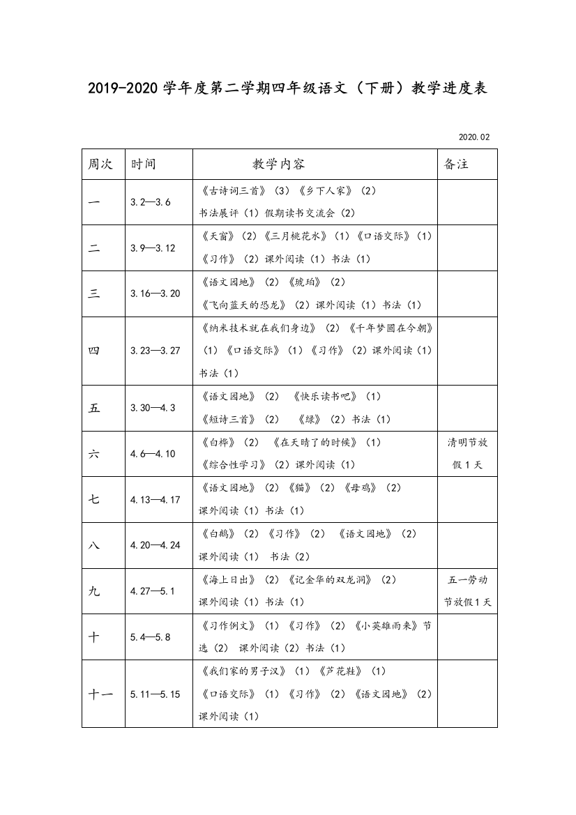 2020部编版小学四年级语文下册教学进度表