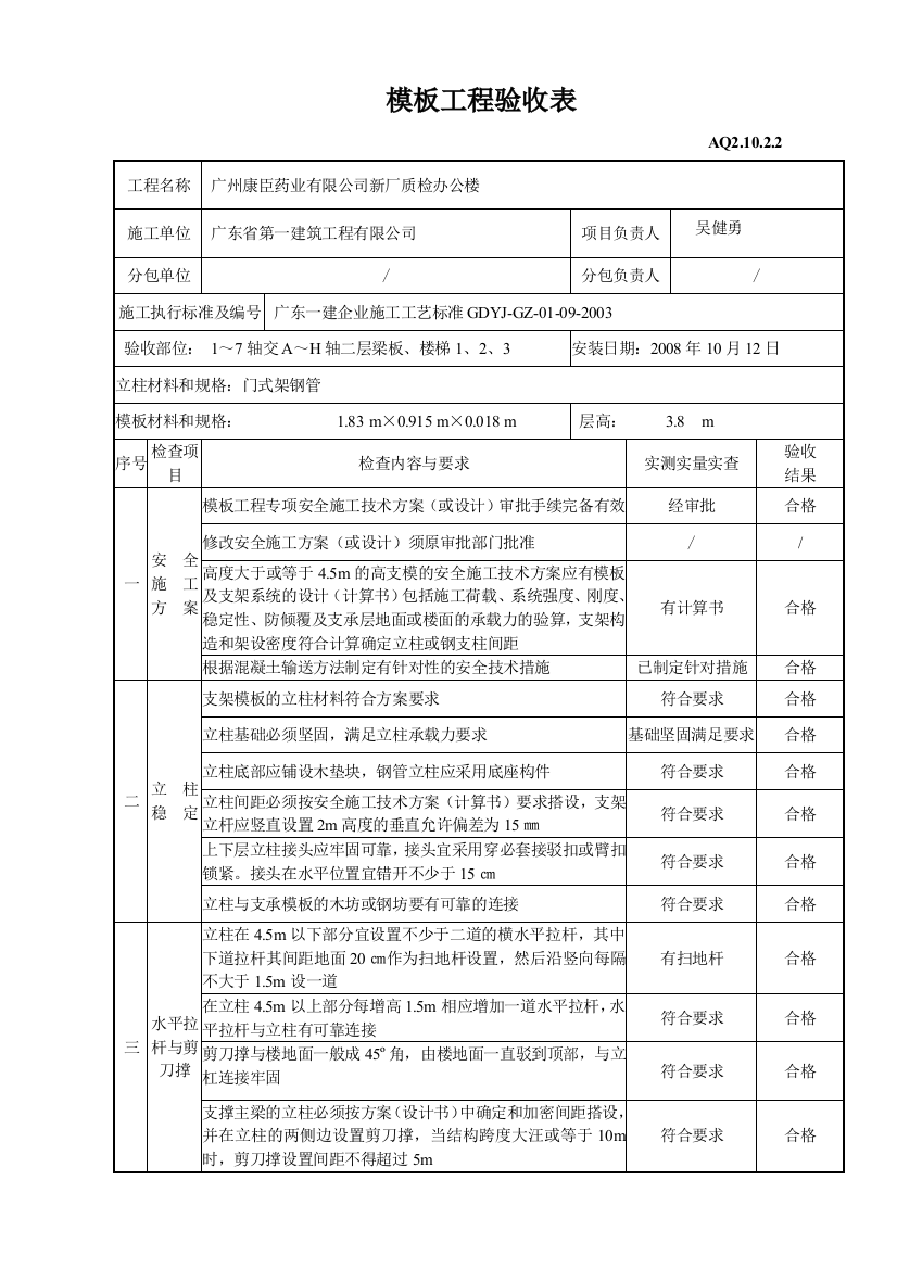 模板工程验收表