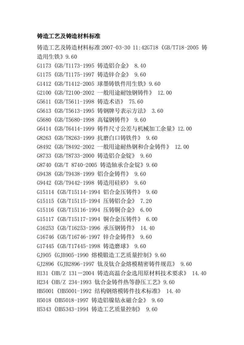 铸造工艺及铸造材料标准