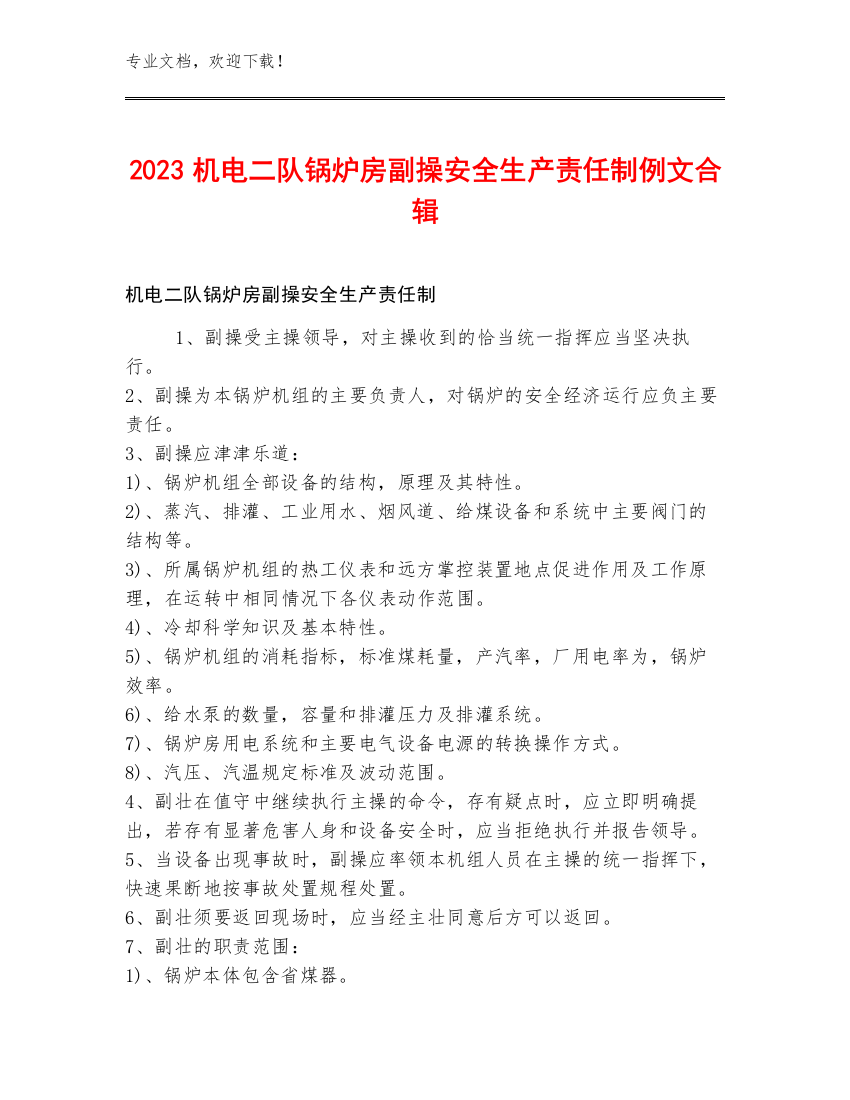 2023机电二队锅炉房副操安全生产责任制例文合辑