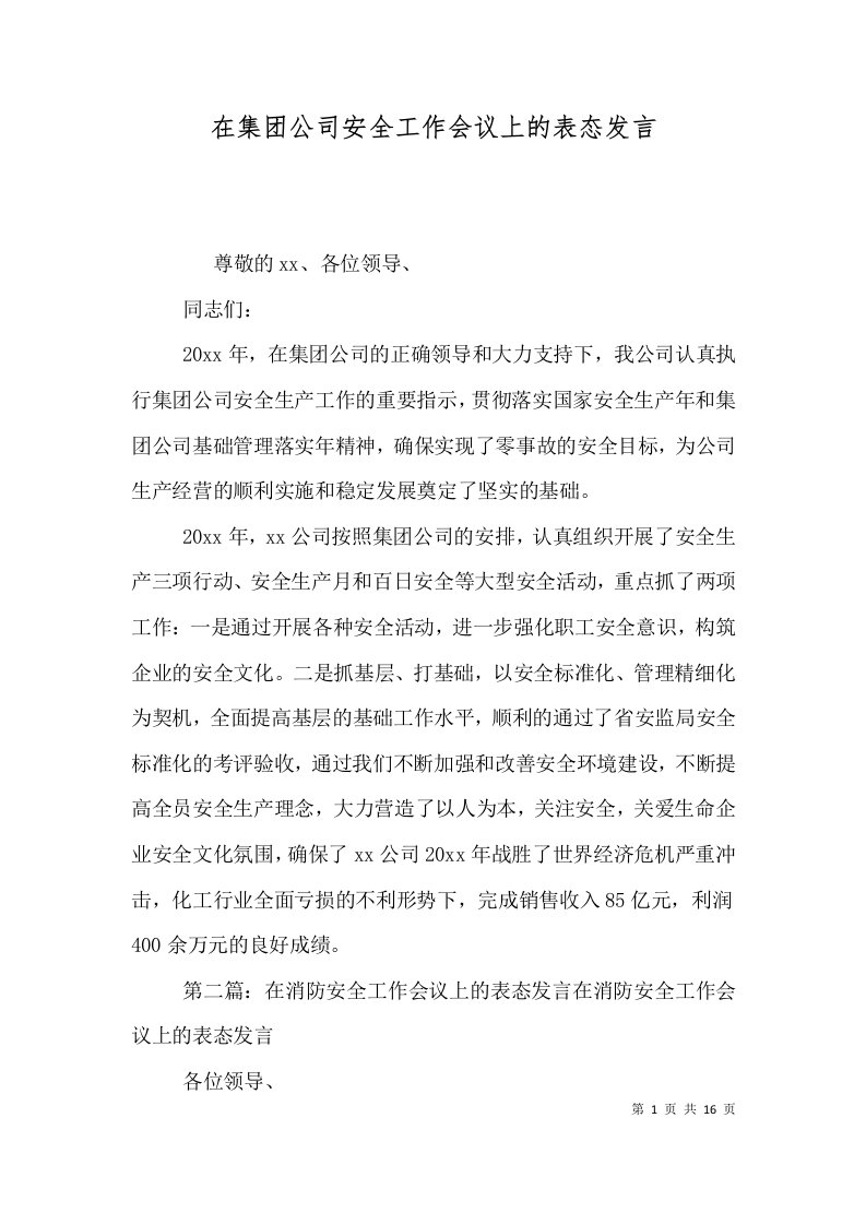 在集团公司安全工作会议上的表态发言