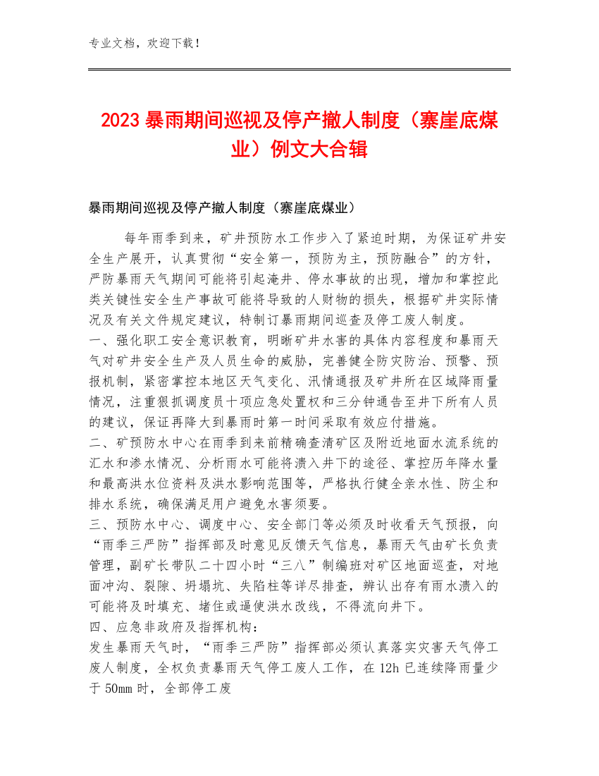 2023暴雨期间巡视及停产撤人制度（寨崖底煤业）例文大合辑