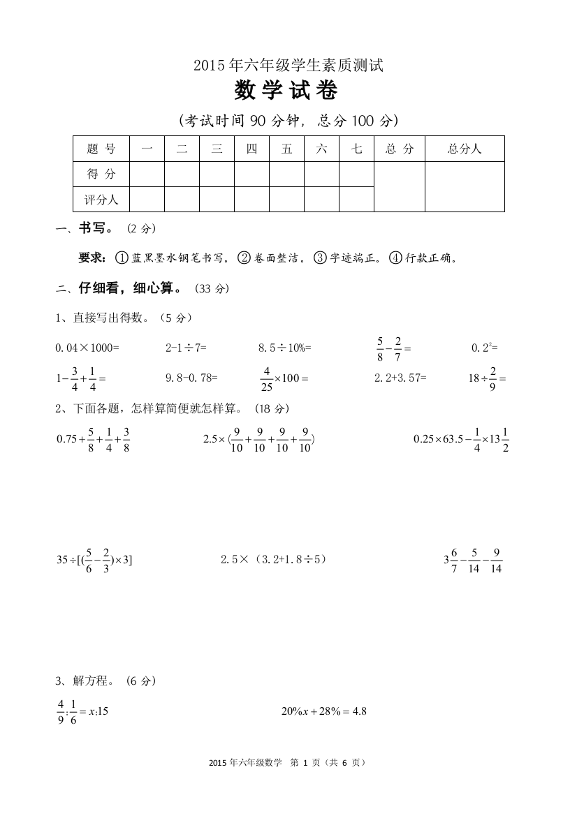 2015年六年级学生素质测试