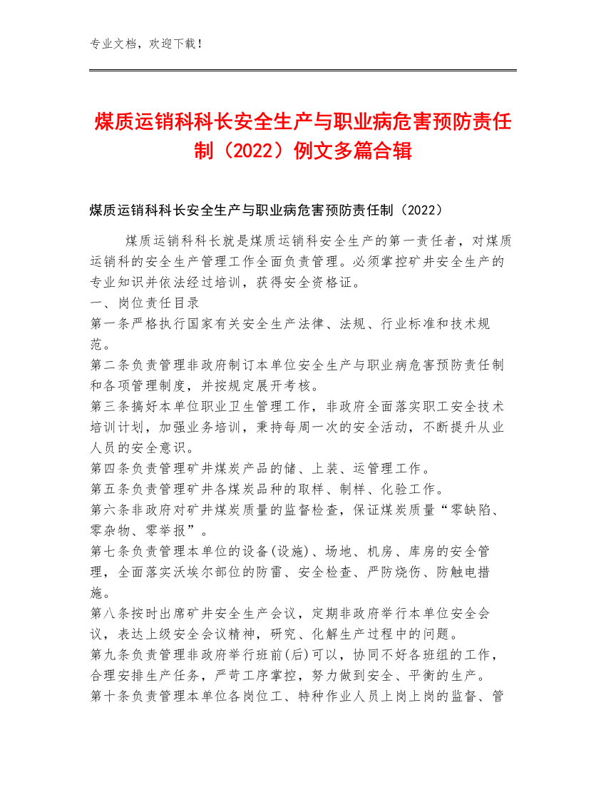 煤质运销科科长安全生产与职业病危害预防责任制（2022）例文多篇合辑