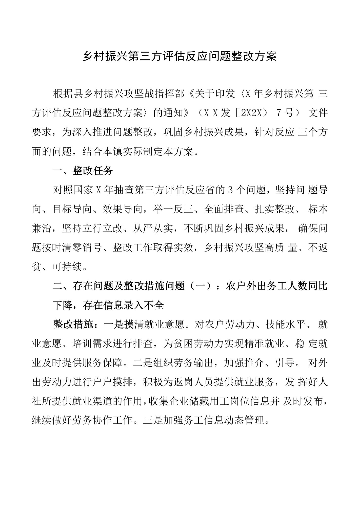 乡村振兴第三方评估反馈问题整改方案