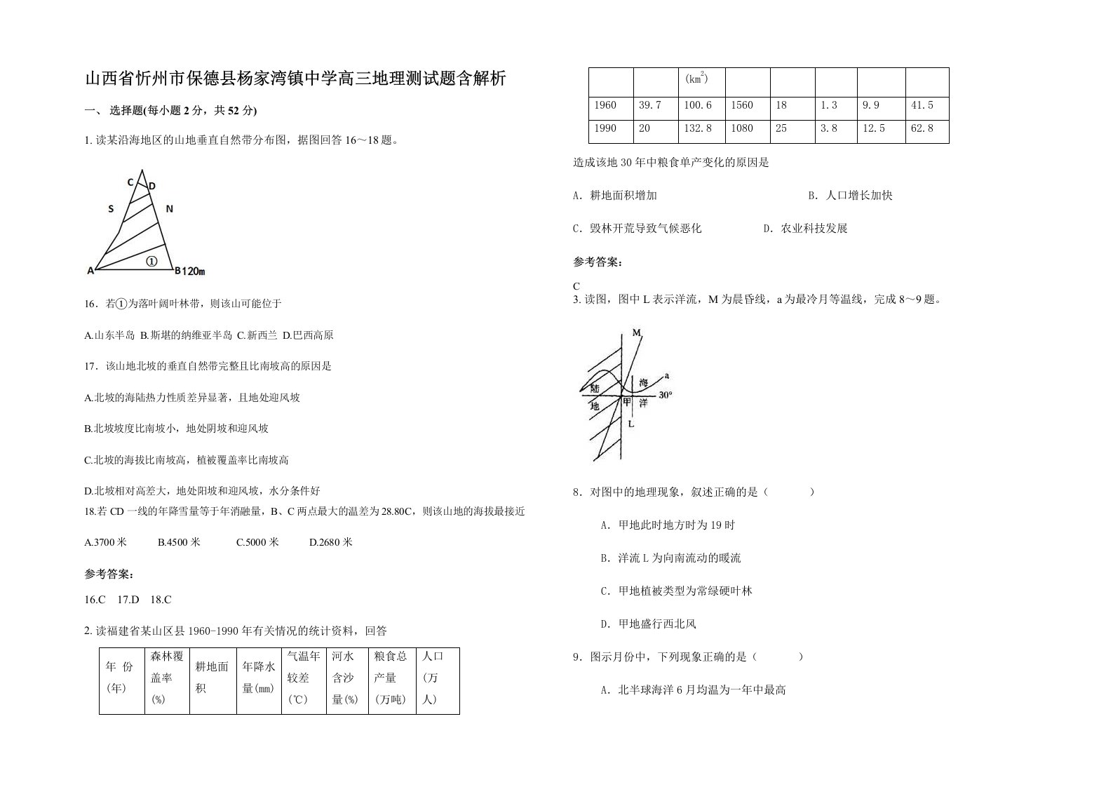 山西省忻州市保德县杨家湾镇中学高三地理测试题含解析