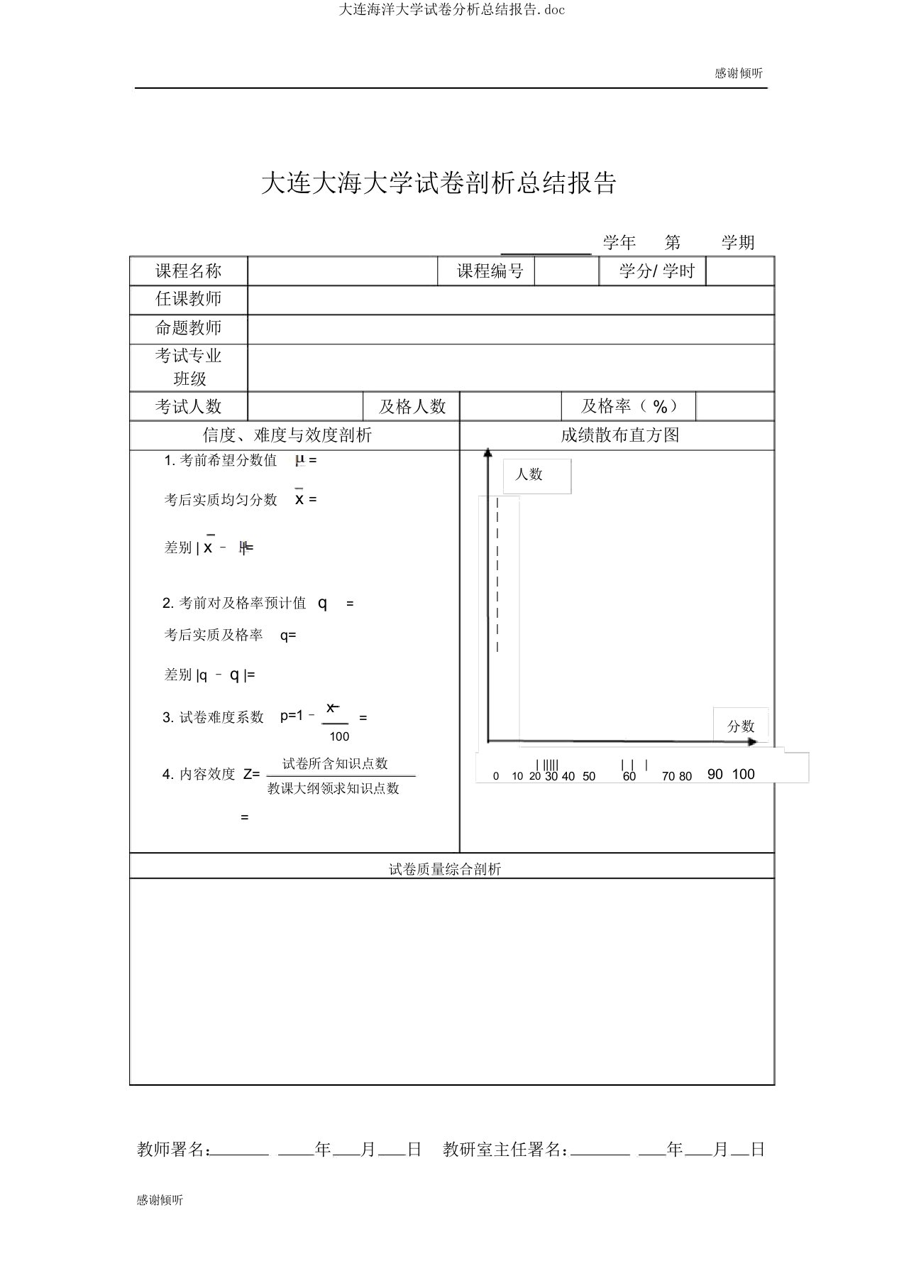 大连海洋大学试卷分析总结报告